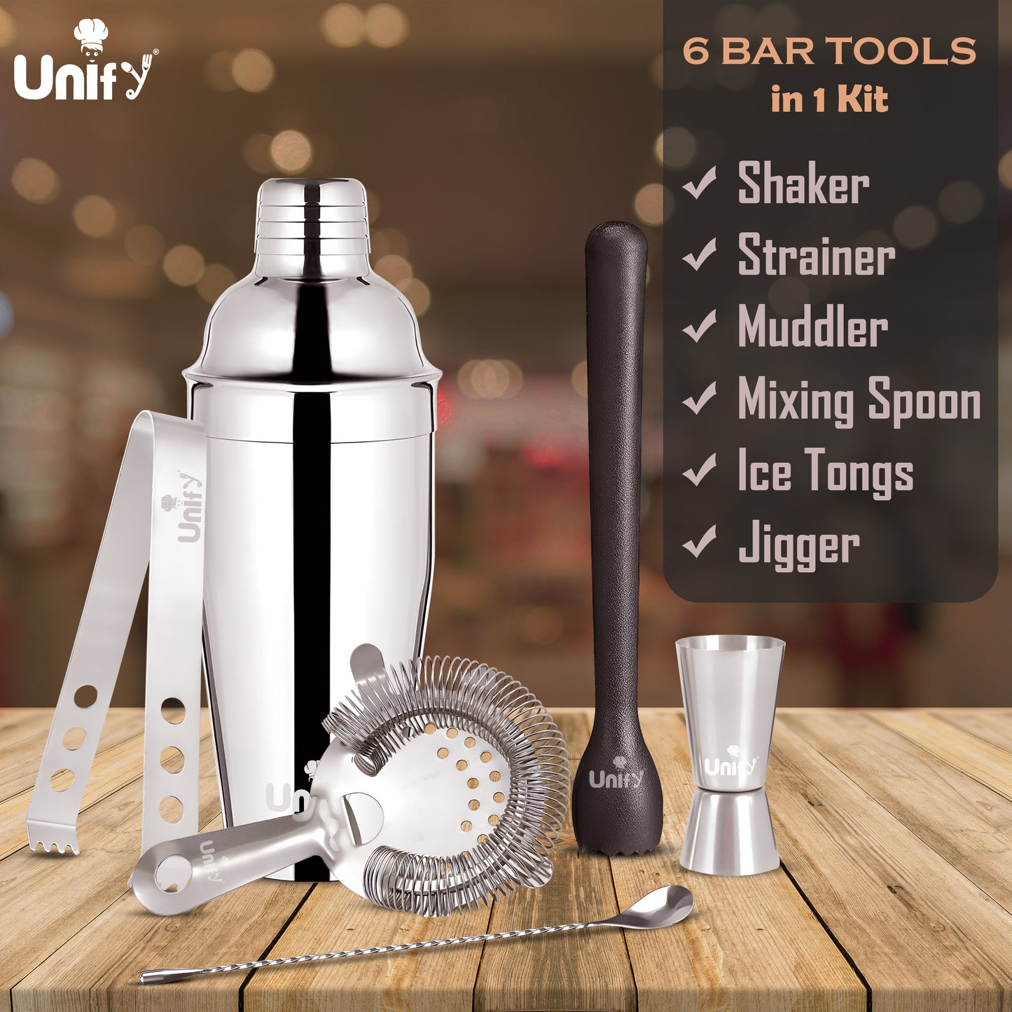 6pc Stainless Steel Bartender Kit | Cocktail Shaker Set
