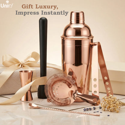 6 Pieces Stainless Steel Bartender Kit | Rose Gold Cocktail Shaker Set for Home Bar & Parties | Includes Peg Measurer 30/60ml, Bar Spoon, Ice Tong, Muddler, Strainer | Professional Bar Tool Set