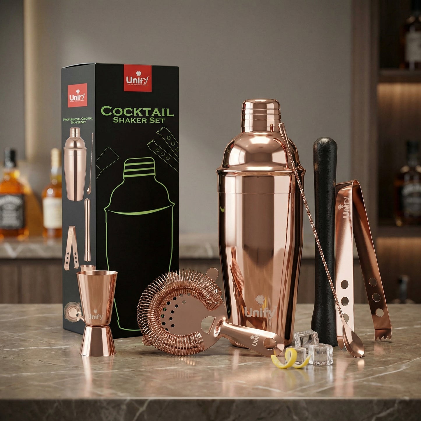 6 Pieces Stainless Steel Bartender Kit | Rose Gold Cocktail Shaker Set for Home Bar & Parties | Includes Peg Measurer 30/60ml, Bar Spoon, Ice Tong, Muddler, Strainer | Professional Bar Tool Set