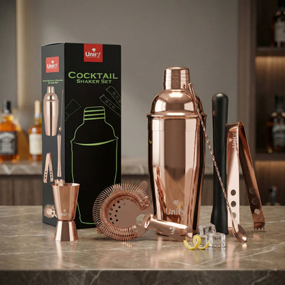 6 Pieces Stainless Steel Bartender Kit | Rose Gold Cocktail Shaker Set for Home Bar & Parties | Includes Peg Measurer 30/60ml, Bar Spoon, Ice Tong, Muddler, Strainer | Professional Bar Tool Set