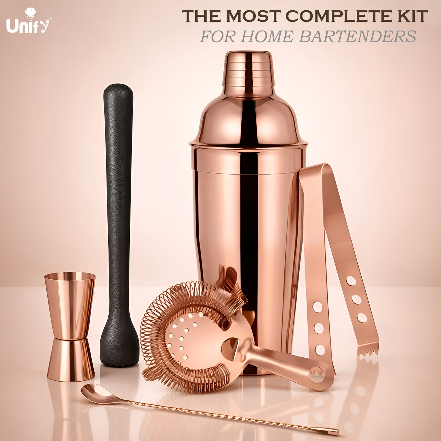 6 Pieces Stainless Steel Bartender Kit | Rose Gold Cocktail Shaker Set for Home Bar & Parties | Includes Peg Measurer 30/60ml, Bar Spoon, Ice Tong, Muddler, Strainer | Professional Bar Tool Set
