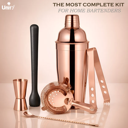 6 Pieces Stainless Steel Bartender Kit | Rose Gold Cocktail Shaker Set for Home Bar & Parties | Includes Peg Measurer 30/60ml, Bar Spoon, Ice Tong, Muddler, Strainer | Professional Bar Tool Set