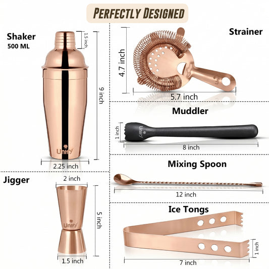 6 Pieces Stainless Steel Bartender Kit | Rose Gold Cocktail Shaker Set for Home Bar & Parties | Includes Peg Measurer 30/60ml, Bar Spoon, Ice Tong, Muddler, Strainer | Professional Bar Tool Set