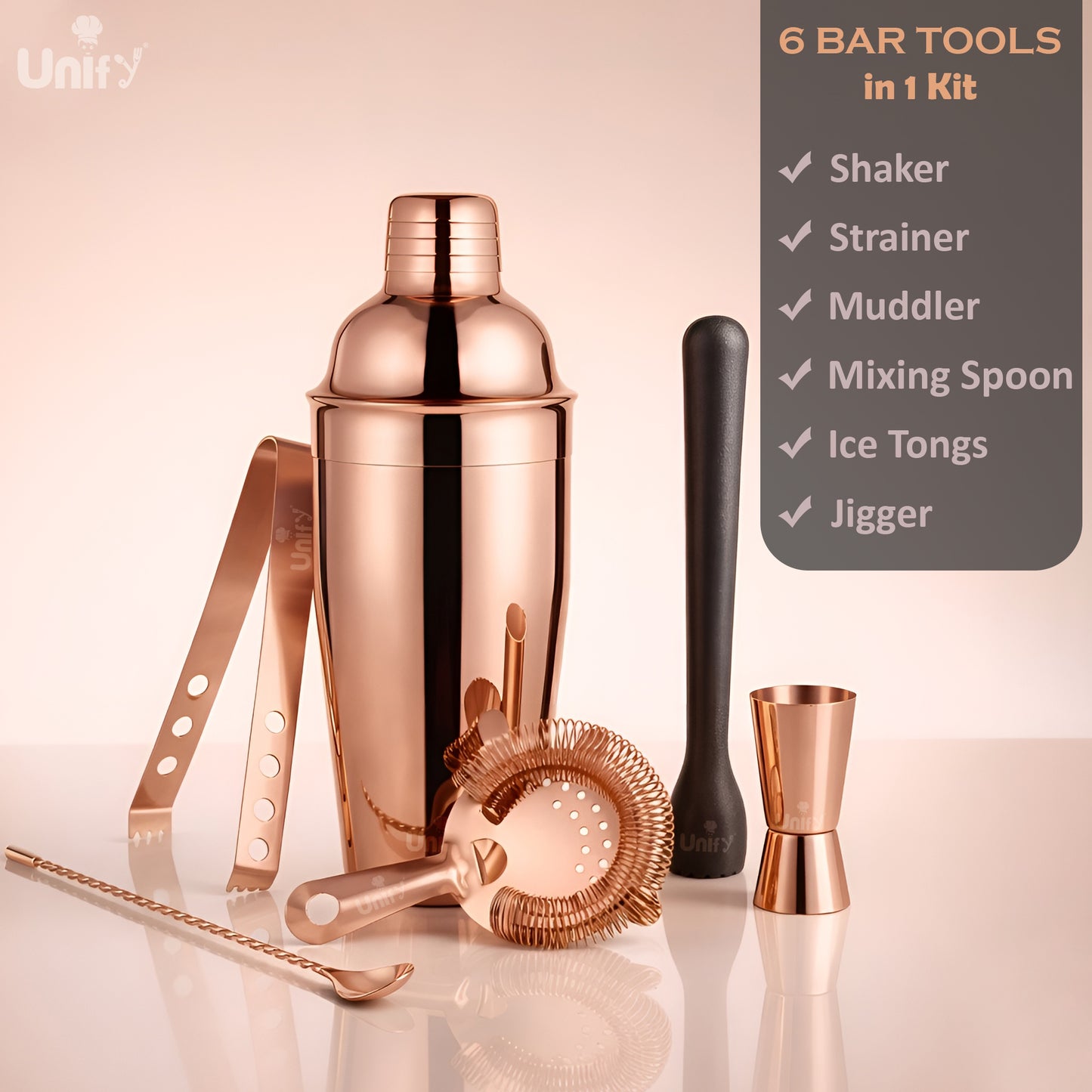 6 Pieces Stainless Steel Bartender Kit | Rose Gold Cocktail Shaker Set for Home Bar & Parties | Includes Peg Measurer 30/60ml, Bar Spoon, Ice Tong, Muddler, Strainer | Professional Bar Tool Set