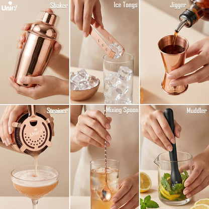 6 Pieces Stainless Steel Bartender Kit | Rose Gold Cocktail Shaker Set for Home Bar & Parties | Includes Peg Measurer 30/60ml, Bar Spoon, Ice Tong, Muddler, Strainer | Professional Bar Tool Set