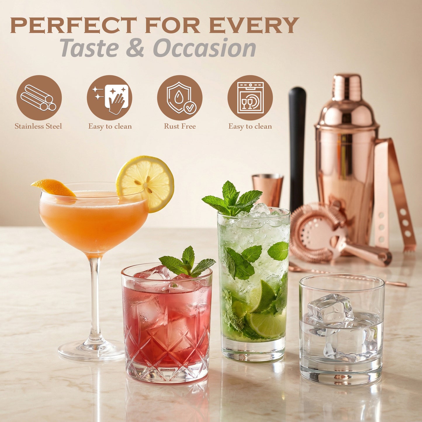 6 Pieces Stainless Steel Bartender Kit | Rose Gold Cocktail Shaker Set for Home Bar & Parties | Includes Peg Measurer 30/60ml, Bar Spoon, Ice Tong, Muddler, Strainer | Professional Bar Tool Set