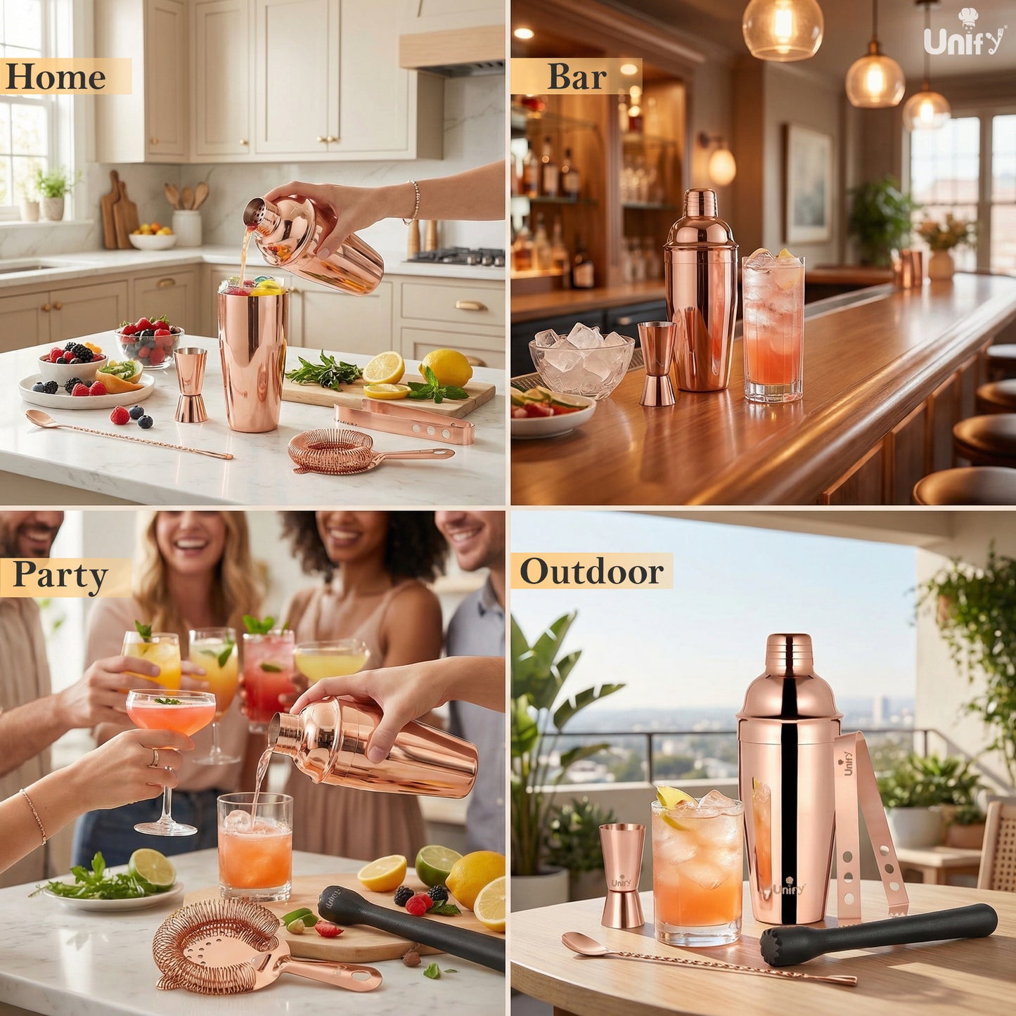 6 Pieces Stainless Steel Bartender Kit | Rose Gold Cocktail Shaker Set for Home Bar & Parties | Includes Peg Measurer 30/60ml, Bar Spoon, Ice Tong, Muddler, Strainer | Professional Bar Tool Set