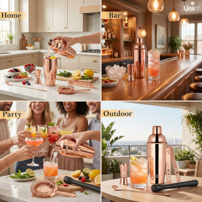 6 Pieces Stainless Steel Bartender Kit | Rose Gold Cocktail Shaker Set for Home Bar & Parties | Includes Peg Measurer 30/60ml, Bar Spoon, Ice Tong, Muddler, Strainer | Professional Bar Tool Set