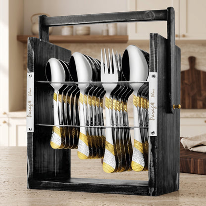 Cutlery Set | 25 piece | Stainless Steel | Gold | Imperial | Wooden Stand