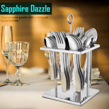 25-Piece Stainless Steel Cutlery Set | Stand & Laser Printed Handles - Spoons & Forks for Home & Kitchen, Sapphire Dazzle