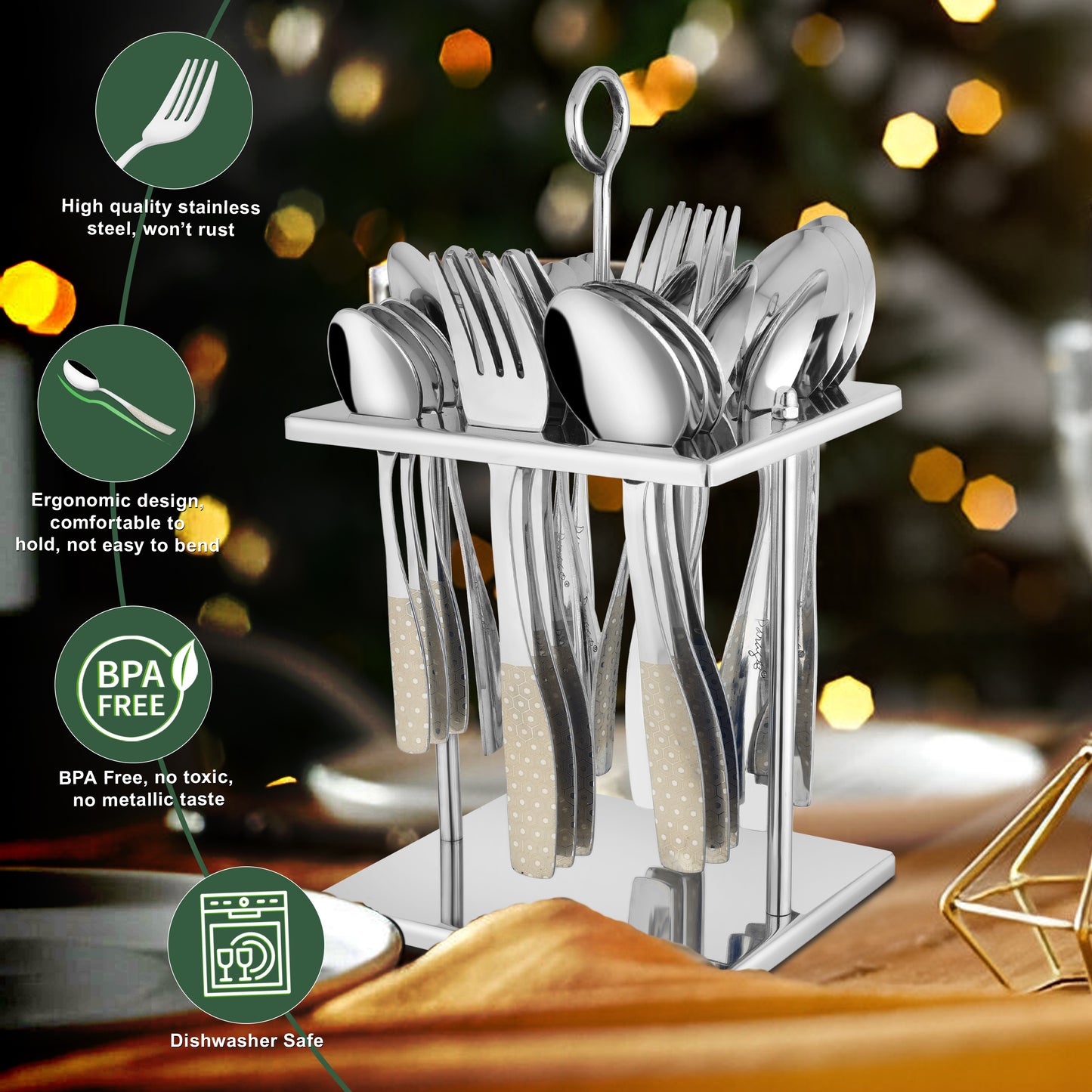 25-Piece Stainless Steel Cutlery Set | Stand & Laser Printed Handles - Spoons & Forks for Home & Kitchen, Sapphire Dazzle