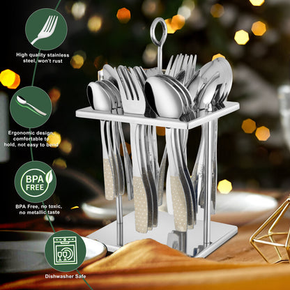 25-Piece Stainless Steel Cutlery Set | Stand & Laser Printed Handles - Spoons & Forks for Home & Kitchen, Sapphire Dazzle