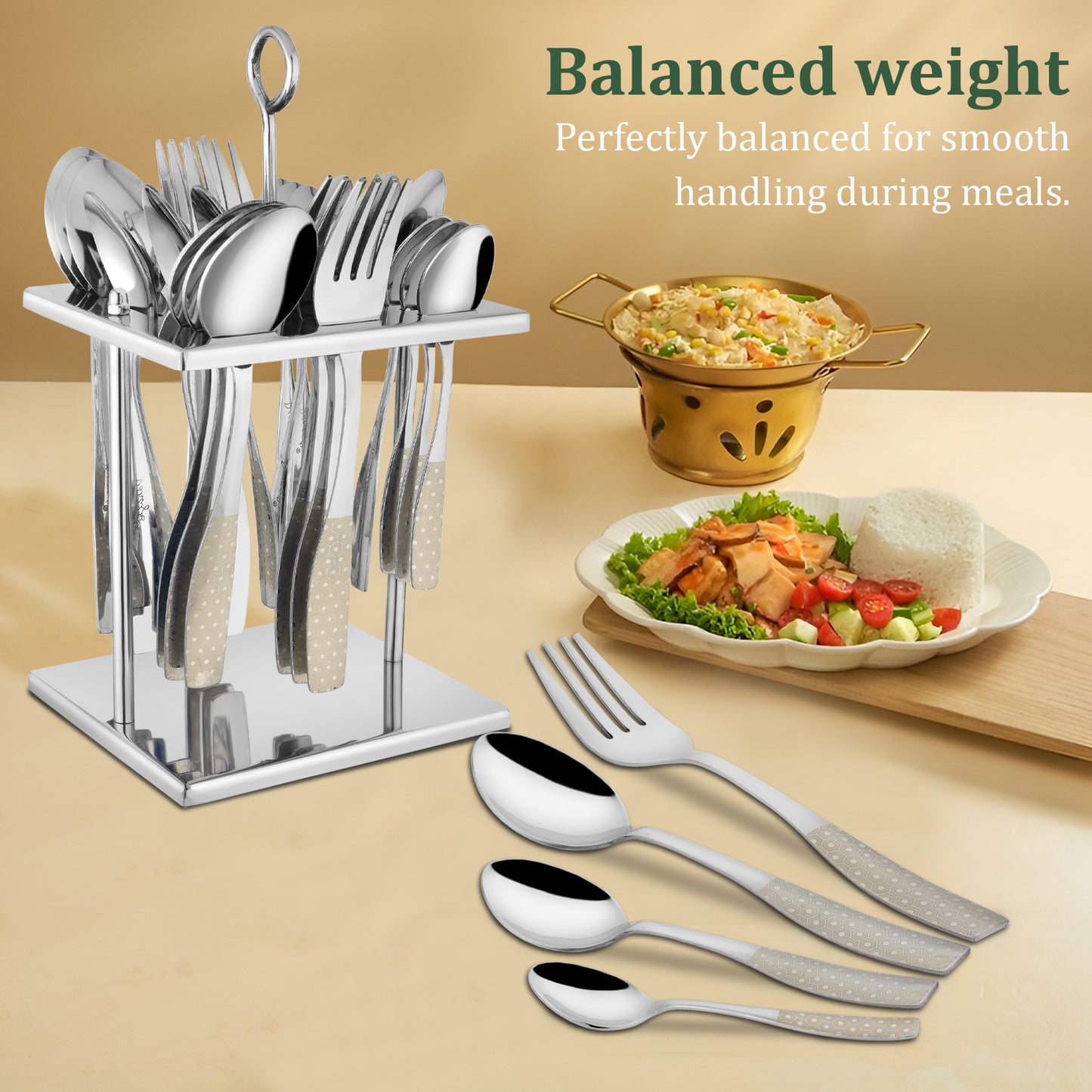 25-Piece Stainless Steel Cutlery Set | Stand & Laser Printed Handles - Spoons & Forks for Home & Kitchen, Sapphire Dazzle