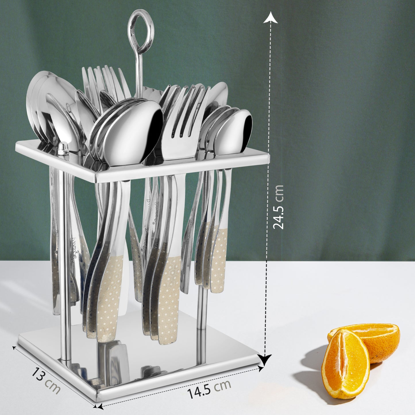 25-Piece Stainless Steel Cutlery Set | Stand & Laser Printed Handles - Spoons & Forks for Home & Kitchen, Sapphire Dazzle