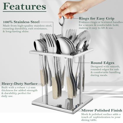 25-Piece Stainless Steel Cutlery Set | Stand & Laser Printed Handles - Spoons & Forks for Home & Kitchen, Sapphire Dazzle