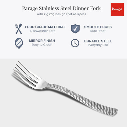 6-Piece Stainless Steel Dinner Forks | 18cm Silver Zig Zag Design, Mirror Finish, Durable Cutlery Set for Home, Kitchen & Restaurant
