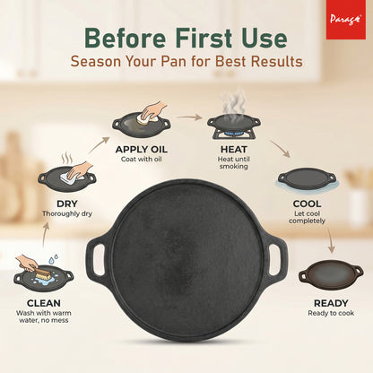 Cast Iron Dosa Tawa 30 cm | 4.2 mm Thick Heavy Iron Tawa 3 Kg | Pre-Seasoned Naturally Non Stick | Roti, Chapati, Uttapam Pan | Gas & Induction Compatible | Chemical Free 2 Years Warranty