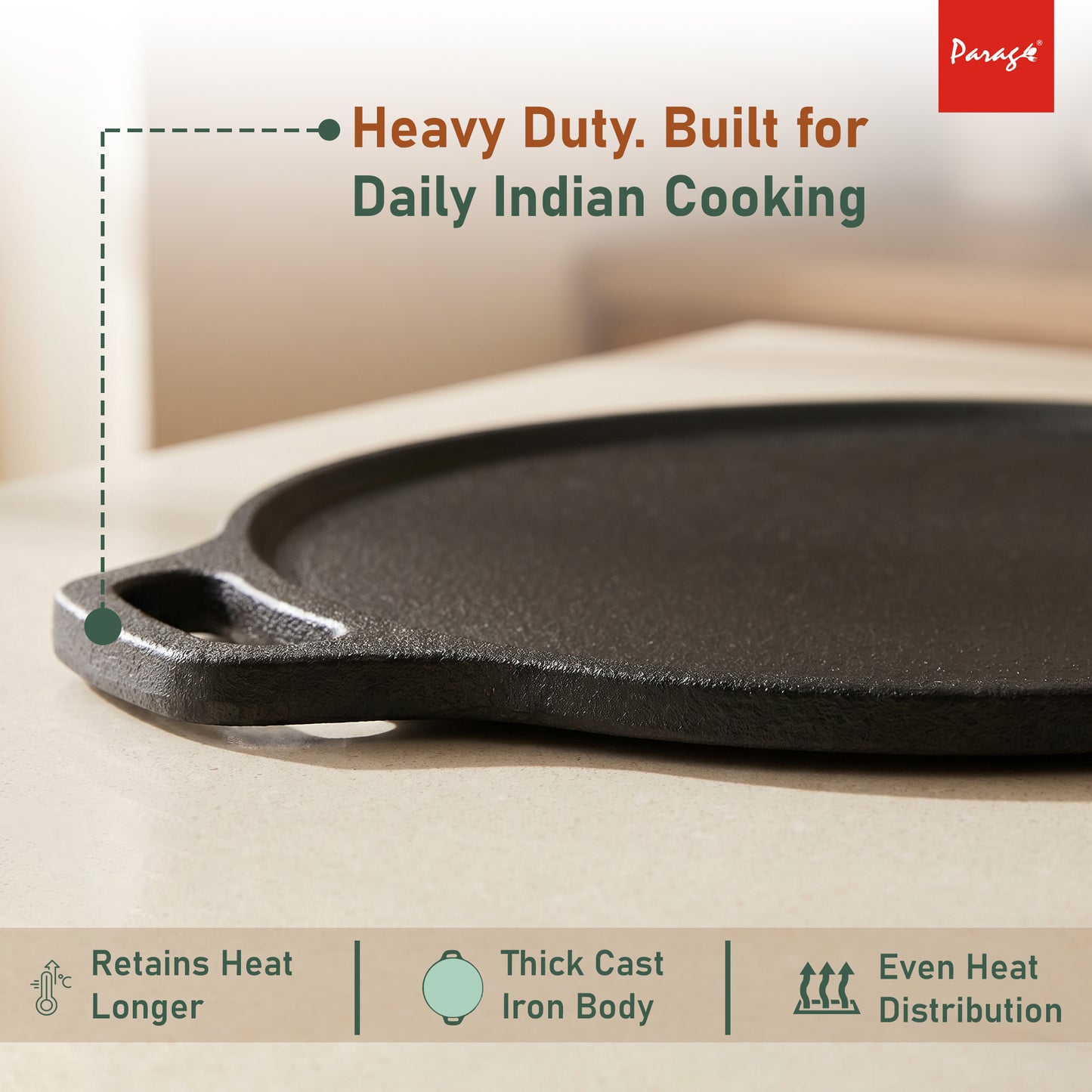 Cast Iron Dosa Tawa 30 cm | 4.2 mm Thick Heavy Iron Tawa 3 Kg | Pre-Seasoned Naturally Non Stick | Roti, Chapati, Uttapam Pan | Gas & Induction Compatible | Chemical Free 2 Years Warranty
