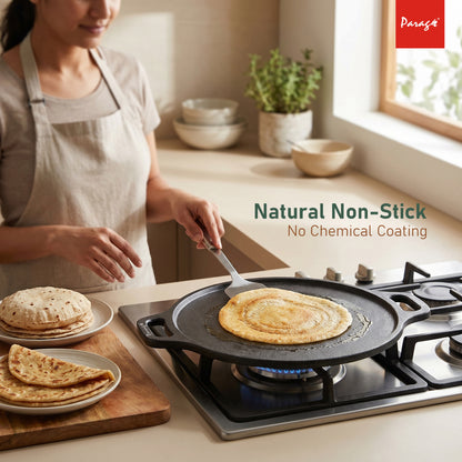Cast Iron Dosa Tawa 30 cm | 4.2 mm Thick Heavy Iron Tawa 3 Kg | Pre-Seasoned Naturally Non Stick | Roti, Chapati, Uttapam Pan | Gas & Induction Compatible | Chemical Free 2 Years Warranty