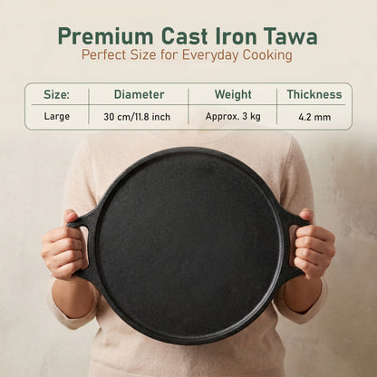 Cast Iron Dosa Tawa 30 cm | 4.2 mm Thick Heavy Iron Tawa 3 Kg | Pre-Seasoned Naturally Non Stick | Roti, Chapati, Uttapam Pan | Gas & Induction Compatible | Chemical Free 2 Years Warranty