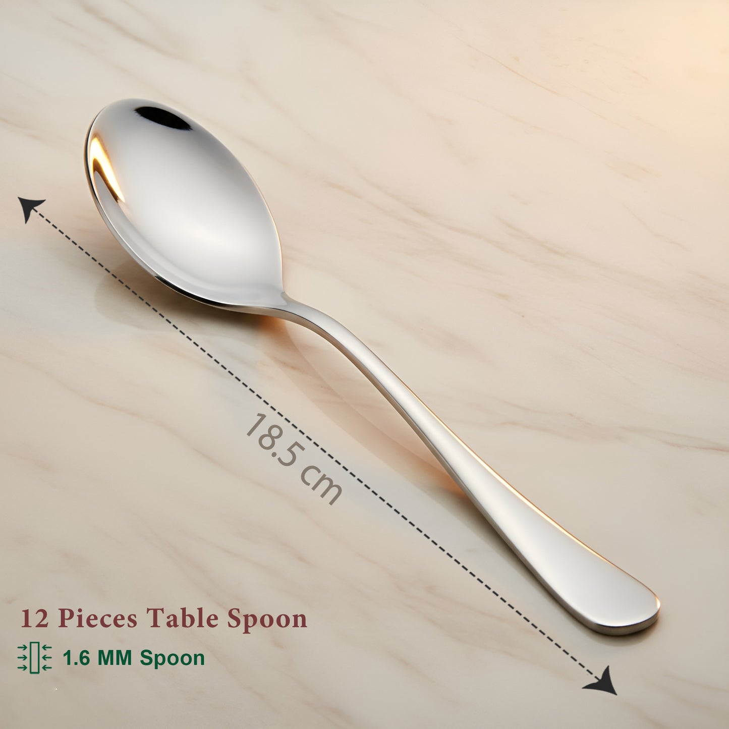 12-Piece Stainless Steel Table Spoon Set | Round Edge Tableware, 18.5 cm, Silver