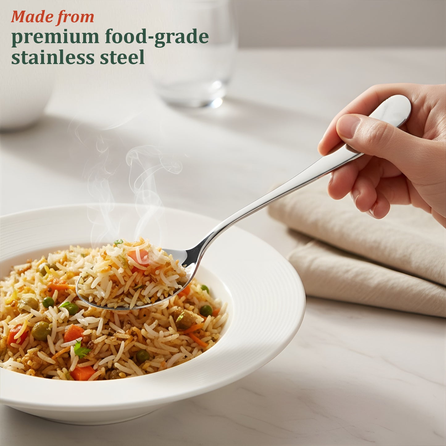 12-Piece Stainless Steel Table Spoon Set | Round Edge Tableware, 18.5 cm, Silver