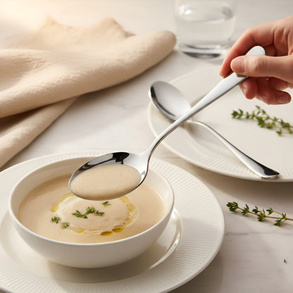 12-Piece Stainless Steel Table Spoon Set | Round Edge Tableware, 18.5 cm, Silver