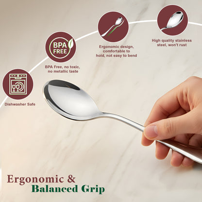 12-Piece Stainless Steel Table Spoon Set | Round Edge Tableware, 18.5 cm, Silver