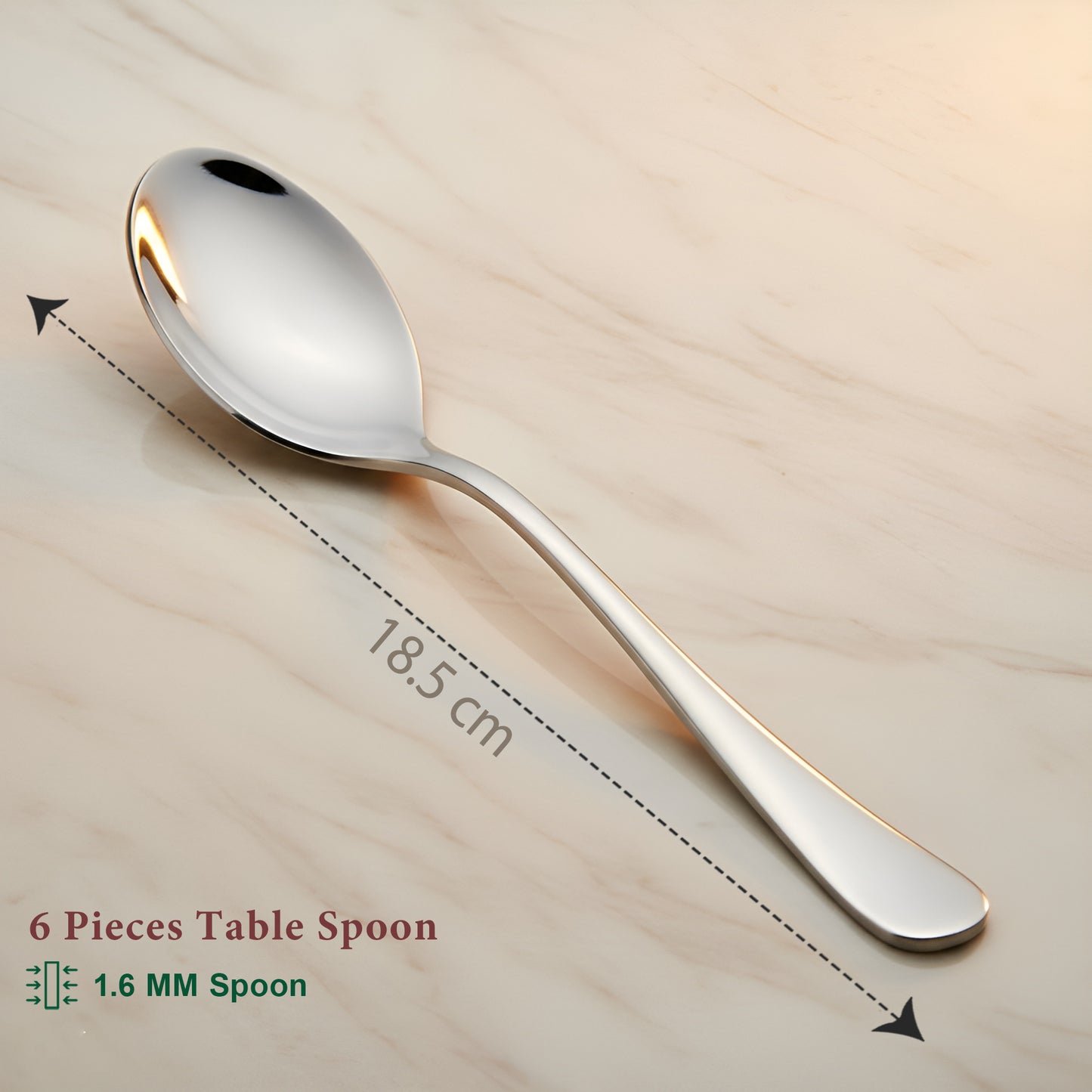 6-Piece Stainless Steel Table Spoon Set | Round Edge Tableware, 18.5 cm, Silver