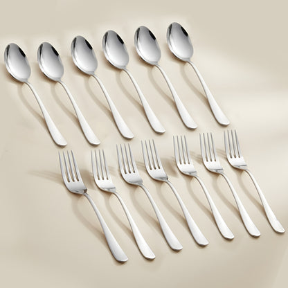 12-Piece Stainless Steel Spoon & Fork Set | Tableware with Round Edge, Silver