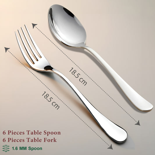 12-Piece Stainless Steel Spoon & Fork Set | Tableware with Round Edge, Silver