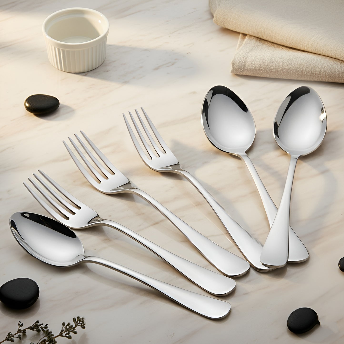 6-Piece Stainless Steel Spoon & Fork Set | Round Edge Tableware, Silver