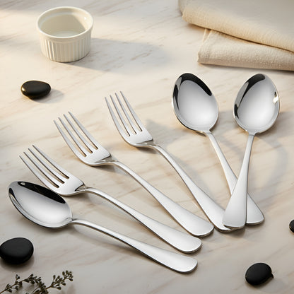 6-Piece Stainless Steel Spoon & Fork Set | Round Edge Tableware, Silver