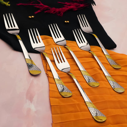 6 Pieces Stainless Steel 24K Gold Table Forks - 18.5 cm Premium Dining Cutlery