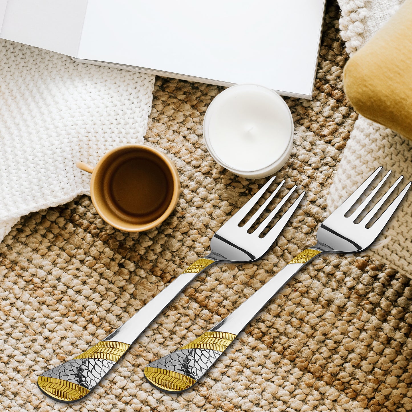 6 Pieces Stainless Steel 24K Gold Table Forks - 18.5 cm Premium Dining Cutlery