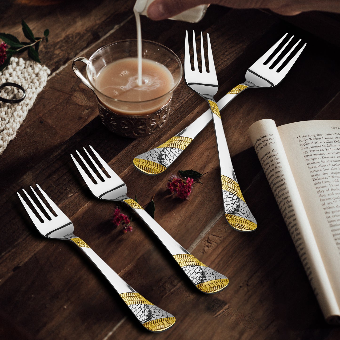 6 Pieces Stainless Steel 24K Gold Table Forks - 18.5 cm Premium Dining Cutlery