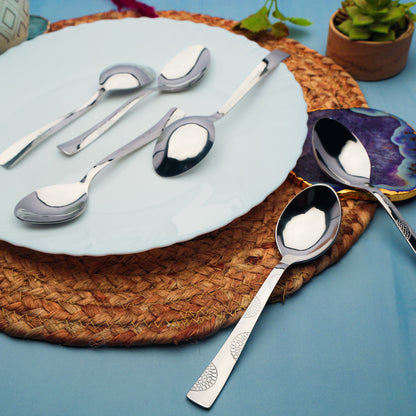 6-Piece Stainless Steel Spoon Set | 18.5cm Premium Large Spoons, Luxury Tableware & Housewarming Gift (Silver), Moonpress Design