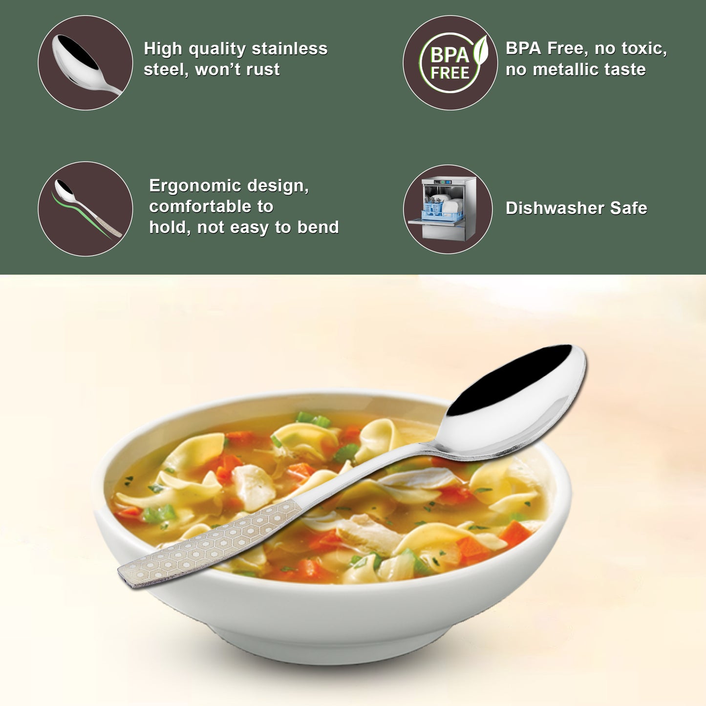 Dinner Spoon Set | 16 cm, 12 pcs | Stainless Steel | Silver | Premium
