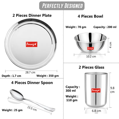 12pc Stainless Steel Dinner Set | Heavy Gauge Thali | Serves 2 | Sanskrit Plain Design