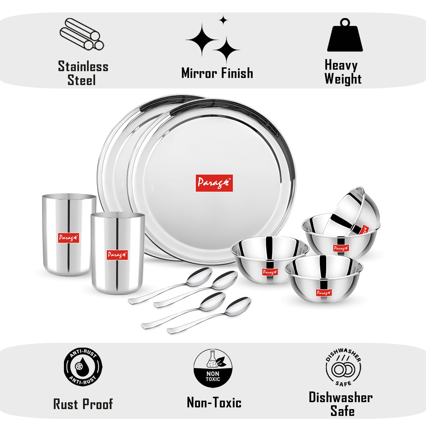 12pc Stainless Steel Dinner Set | Heavy Gauge Thali | Serves 2 | Sanskrit Plain Design