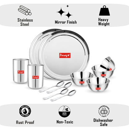 12pc Stainless Steel Dinner Set | Heavy Gauge Thali | Serves 2 | Sanskrit Plain Design