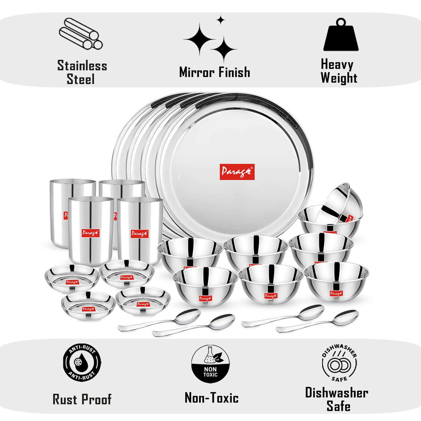 24pc Stainless Steel Dinner Set | Plates Bowls Glasses | Silver