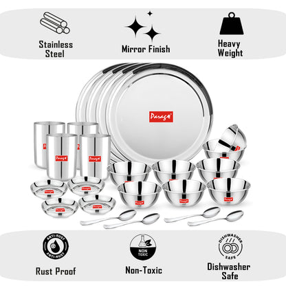 24pc Stainless Steel Dinner Set | Plates Bowls Glasses | Silver