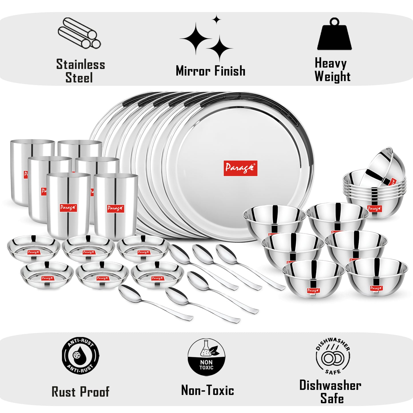 36pc Stainless Steel Dinner Set | Plates Bowls Glasses | Silver
