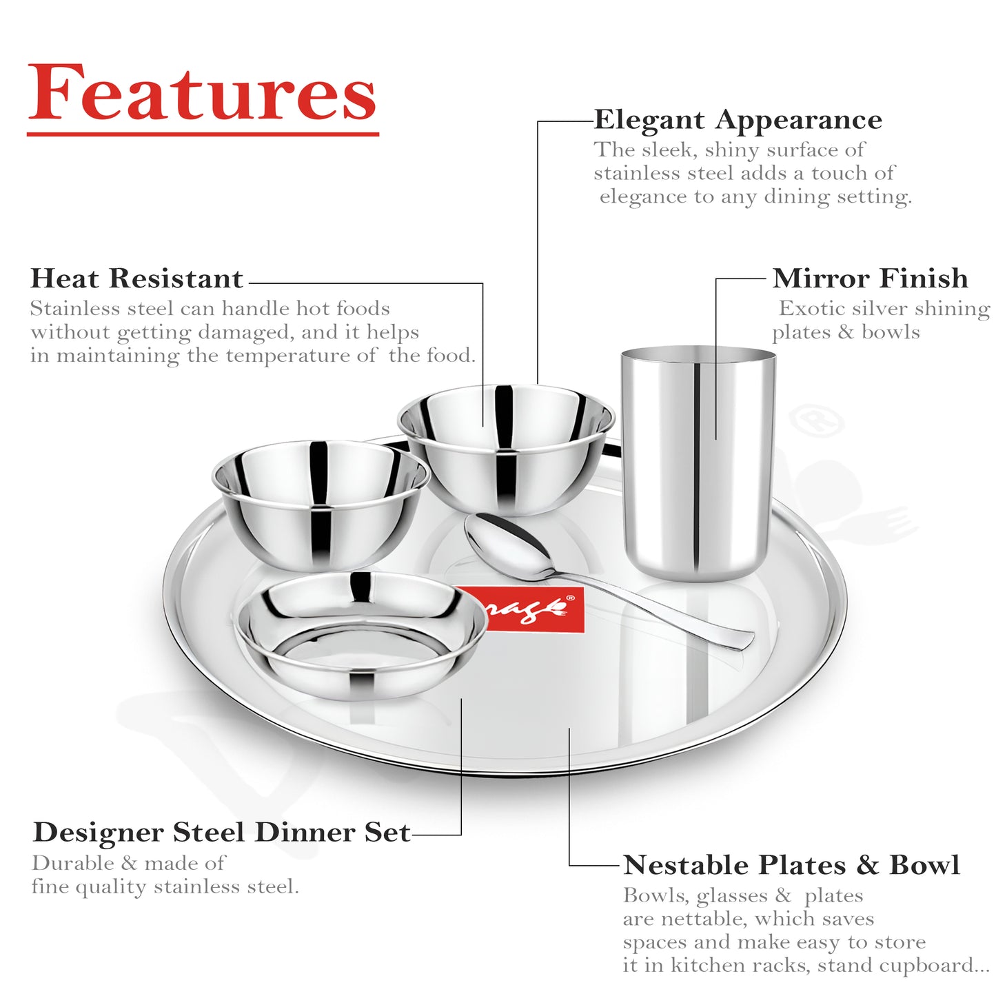 36pc Stainless Steel Dinner Set | Plates Bowls Glasses | Silver