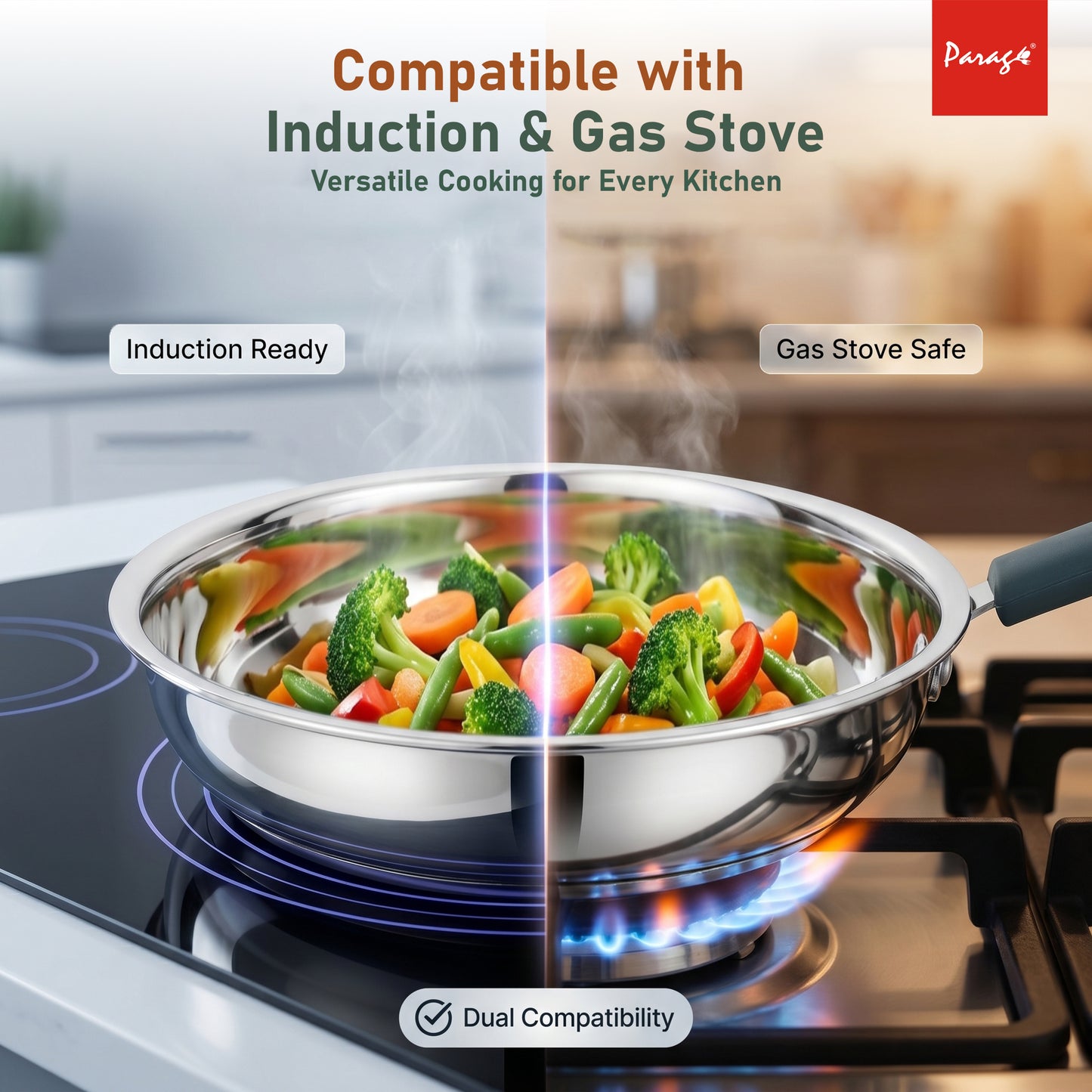 Stainless Steel Frying Pan 24 cm Deep Fry Pan | Induction & Gas Stove Compatible Cookware | 3-Layer Thick Bottom Fry Pan | 1500 ml Healthy Cooking Pan For Kitchen Daily Use