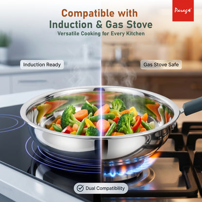 Stainless Steel Frying Pan 24 cm Deep Fry Pan | Induction & Gas Stove Compatible Cookware | 3-Layer Thick Bottom Fry Pan | 1500 ml Healthy Cooking Pan For Kitchen Daily Use