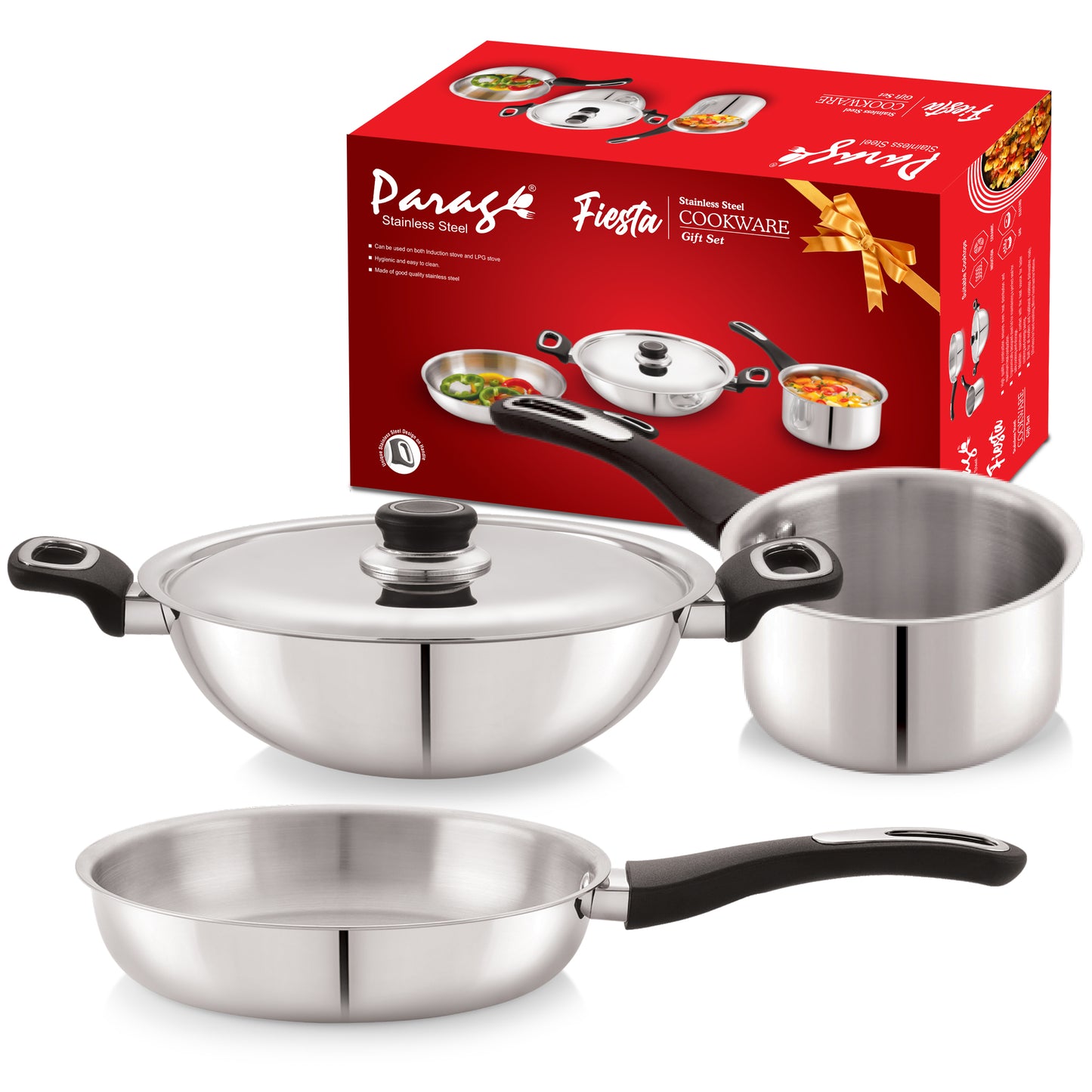 Fiesta Stainless Steel Cookware Set | Kadai, Fry Pan, Sauce Pan | Induction & Gas Compatible