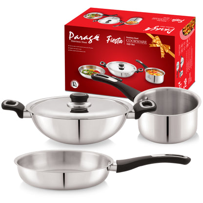 Fiesta Stainless Steel Cookware Set | Kadai, Fry Pan, Sauce Pan | Induction & Gas Compatible