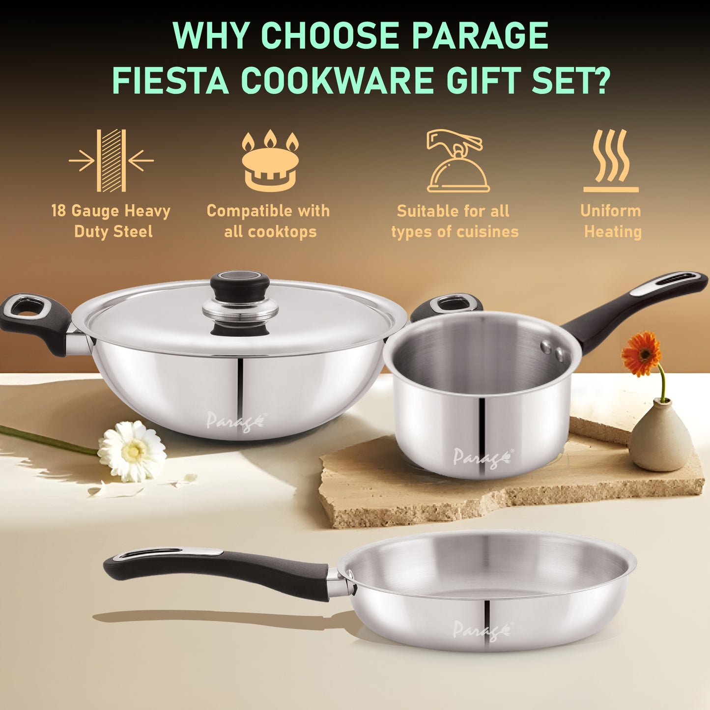 Fiesta Stainless Steel Cookware Set | Kadai, Fry Pan, Sauce Pan | Induction & Gas Compatible